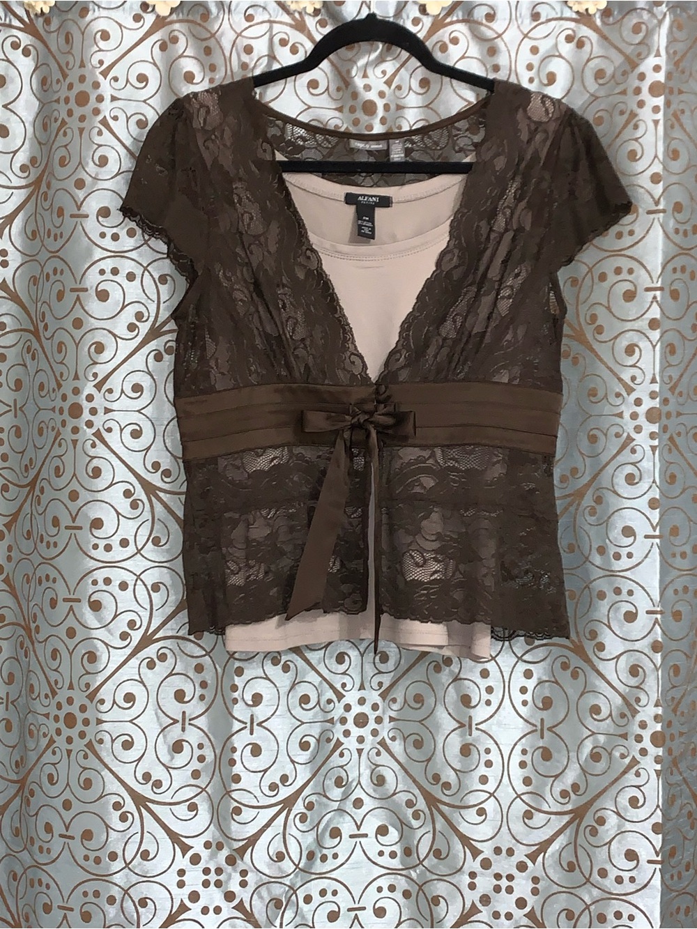 Alfani Brown Lace Overlay Tie-Front Blouse with Tan Tank Top
